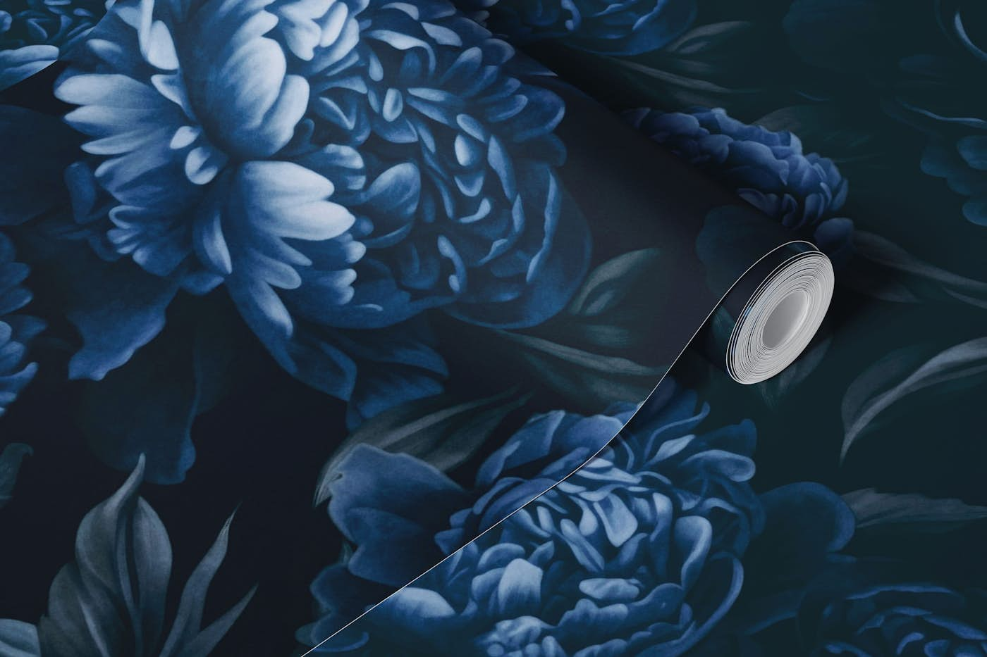 Moody Baroque Velveteen Flowers Midnight Blue wallpaper roll