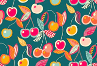 happy tossed cherries on teal wallpaper