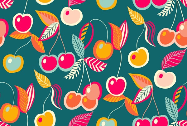 happy tossed cherries on teal