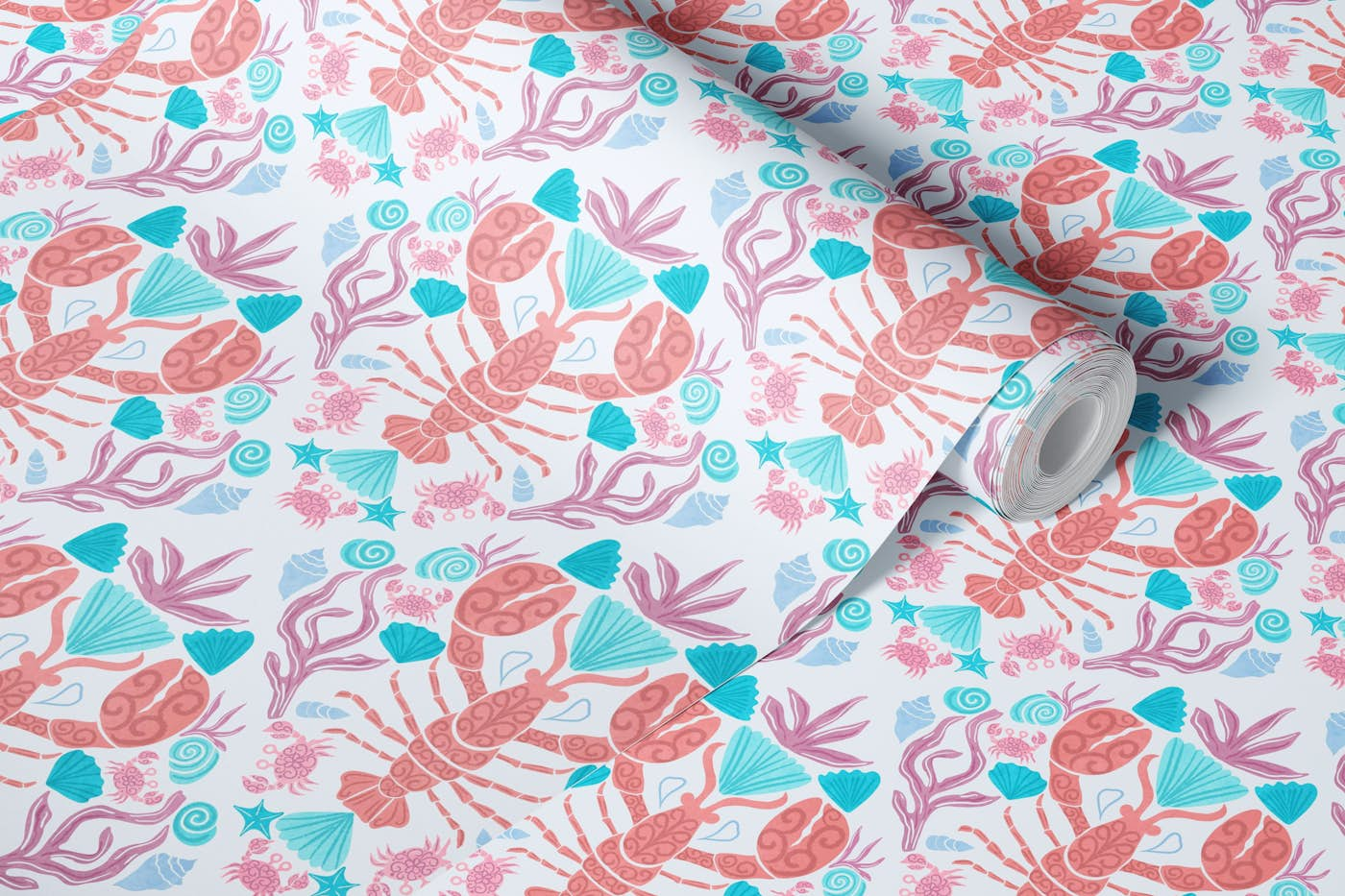 Coastal lobsters with seashell wallpaper roll