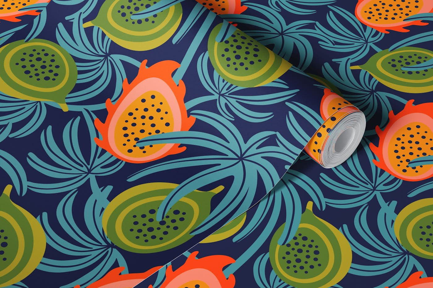 LILIKOI AND DRAGONFRUIT Tropical Fruit Blue wallpaper roll