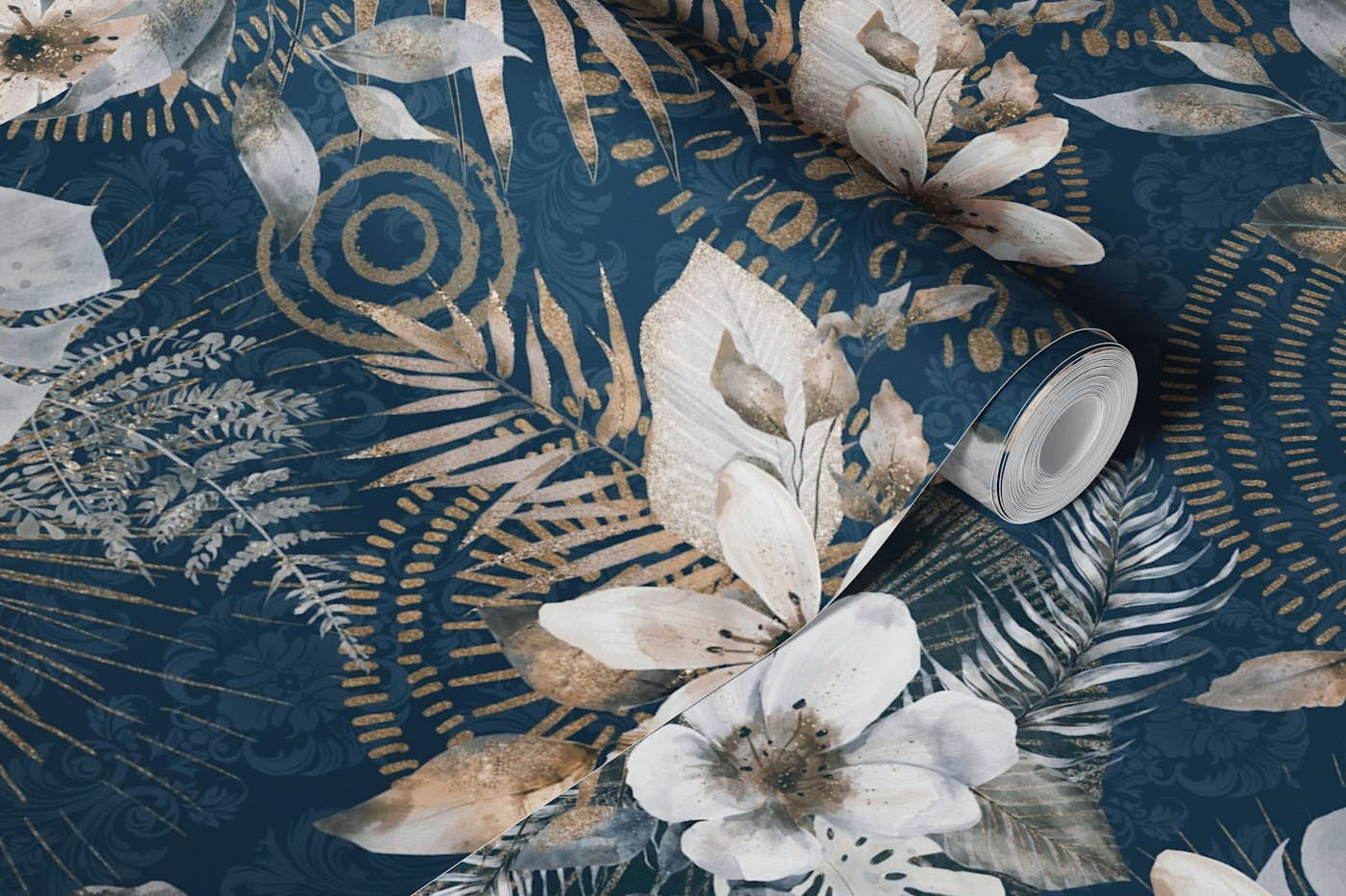 Graceful Boho Flowers Fantasy Garden Blue wallpaper roll