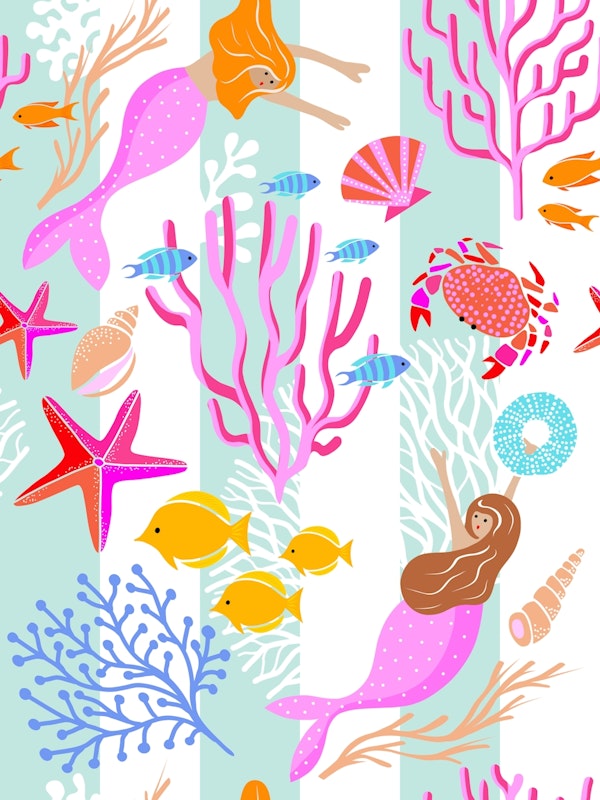 Magical Seaside Mermaids Large Stripes Blue
