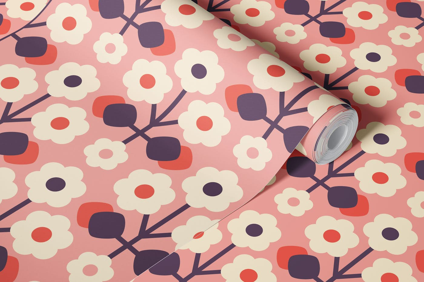 Ditsy retro daisies pattern, pink / 3121B wallpaper roll