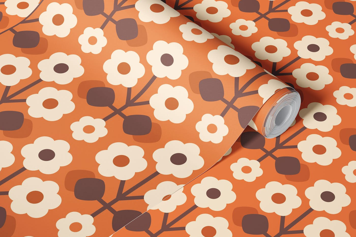 Retro daisies pattern, terracotta / 3121C wallpaper roll