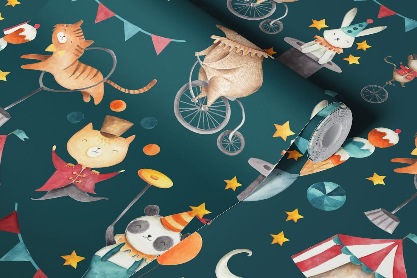 Circus animals pattern wallpaper roll