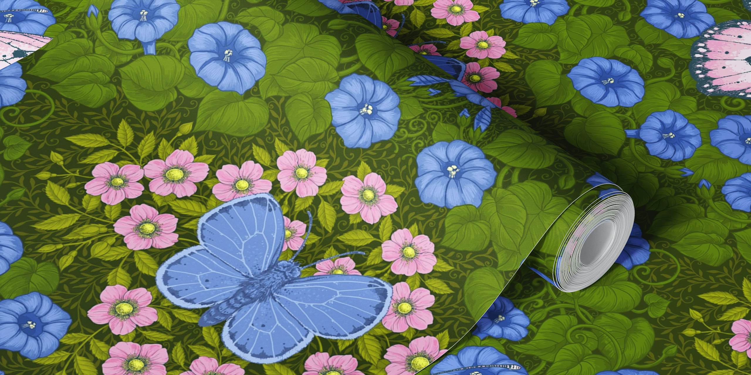 Blue butterflies and purple flowers with green foliage wallpaper