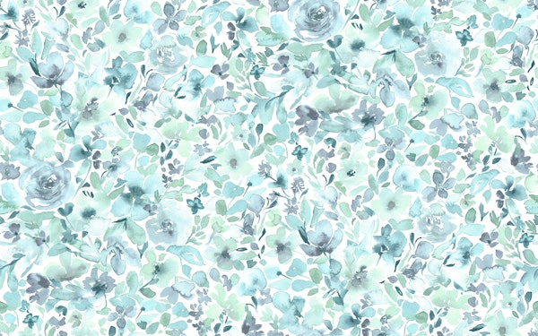 Vibrant watercolor flowers green blue pattern