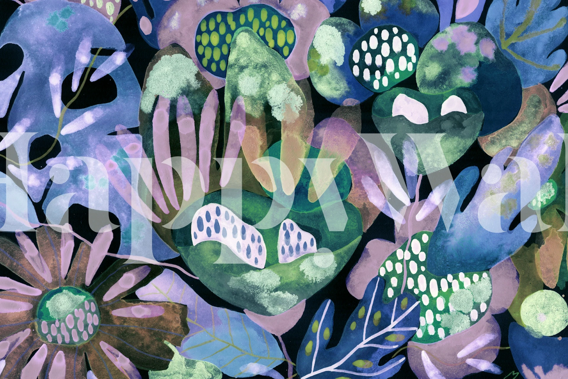 Papier peint Snowy avec des plantes et des fleurs colorées.