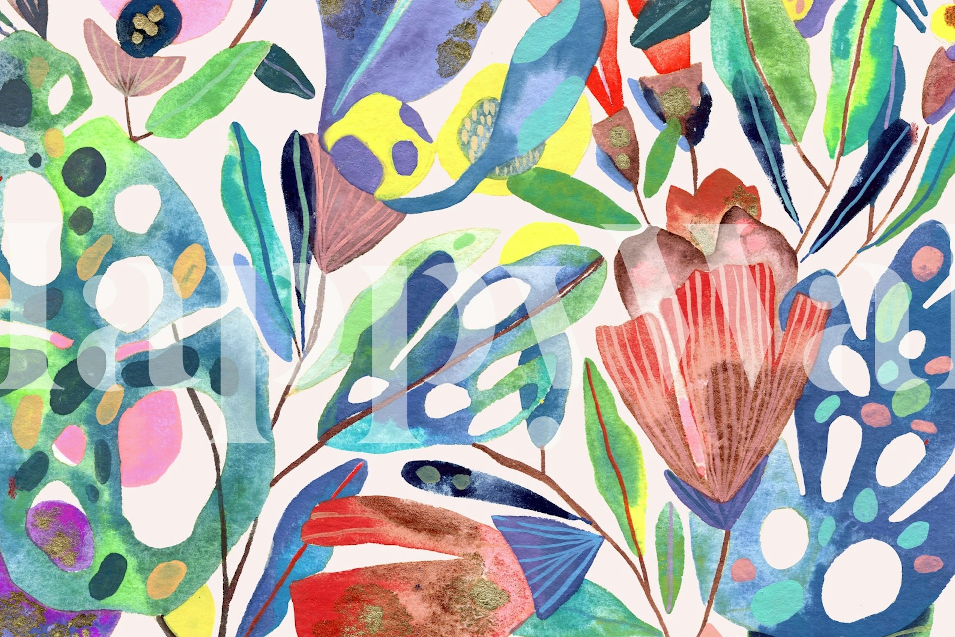 Colorful floral wall mural with an artistic blend of vivid flowers and greenery