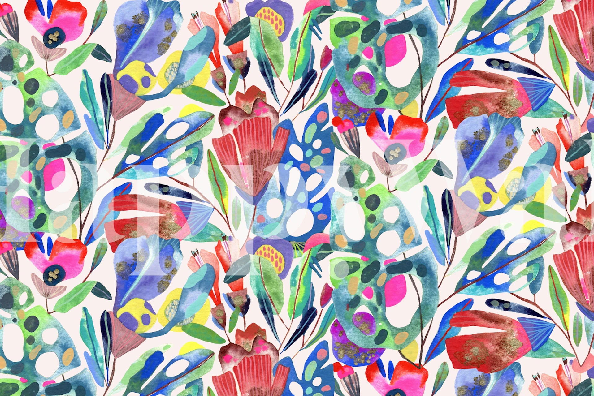 Colorful floral wall mural with an artistic blend of vivid flowers and greenery