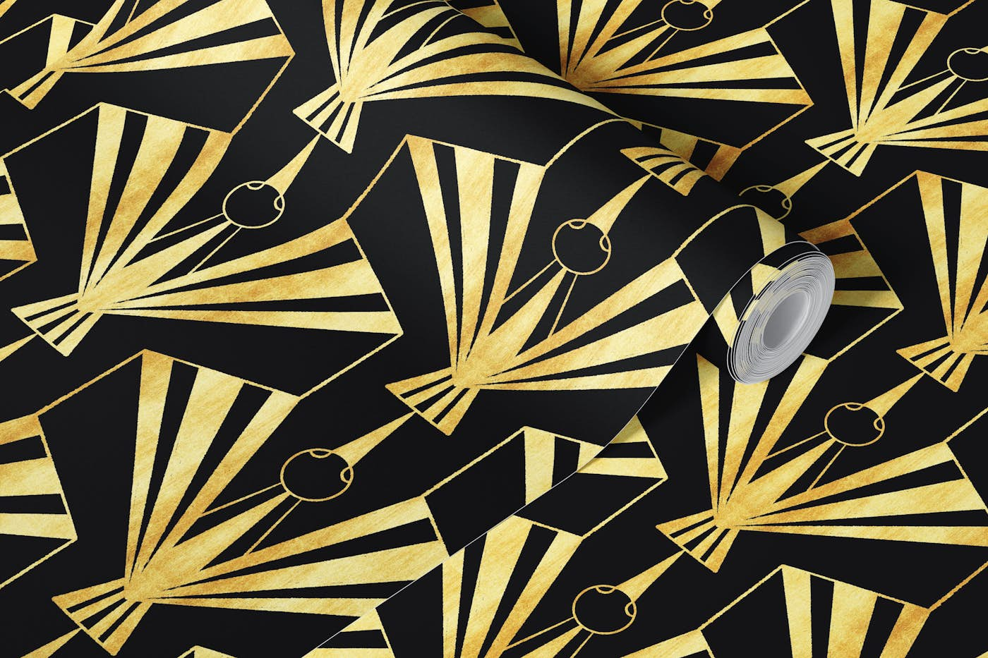 Art Deco Crane Birds Fans Gold and Black Glam wallpaper roll