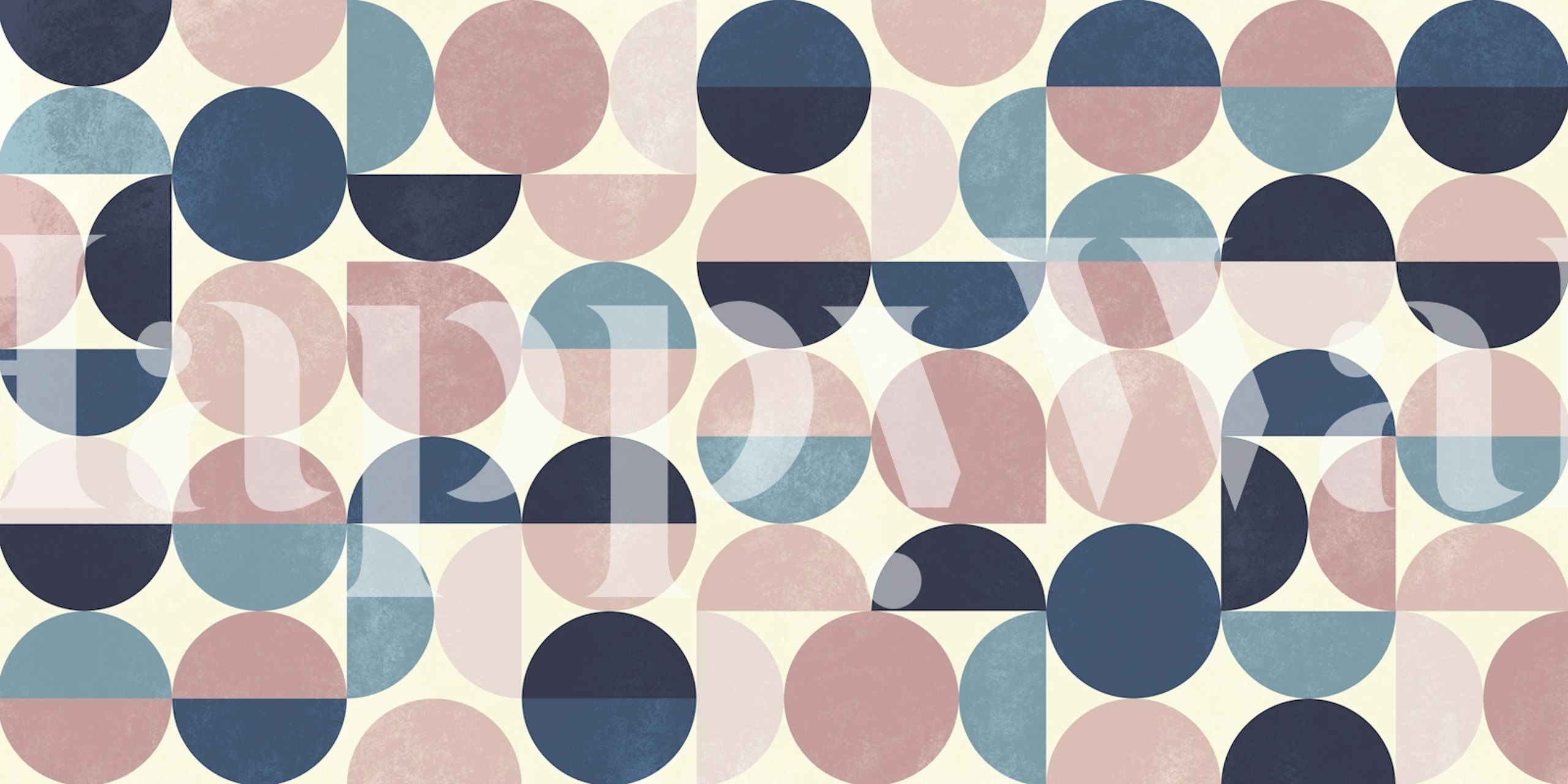 Geometric circle pattern in soft pink, teal, and navy wallpaper