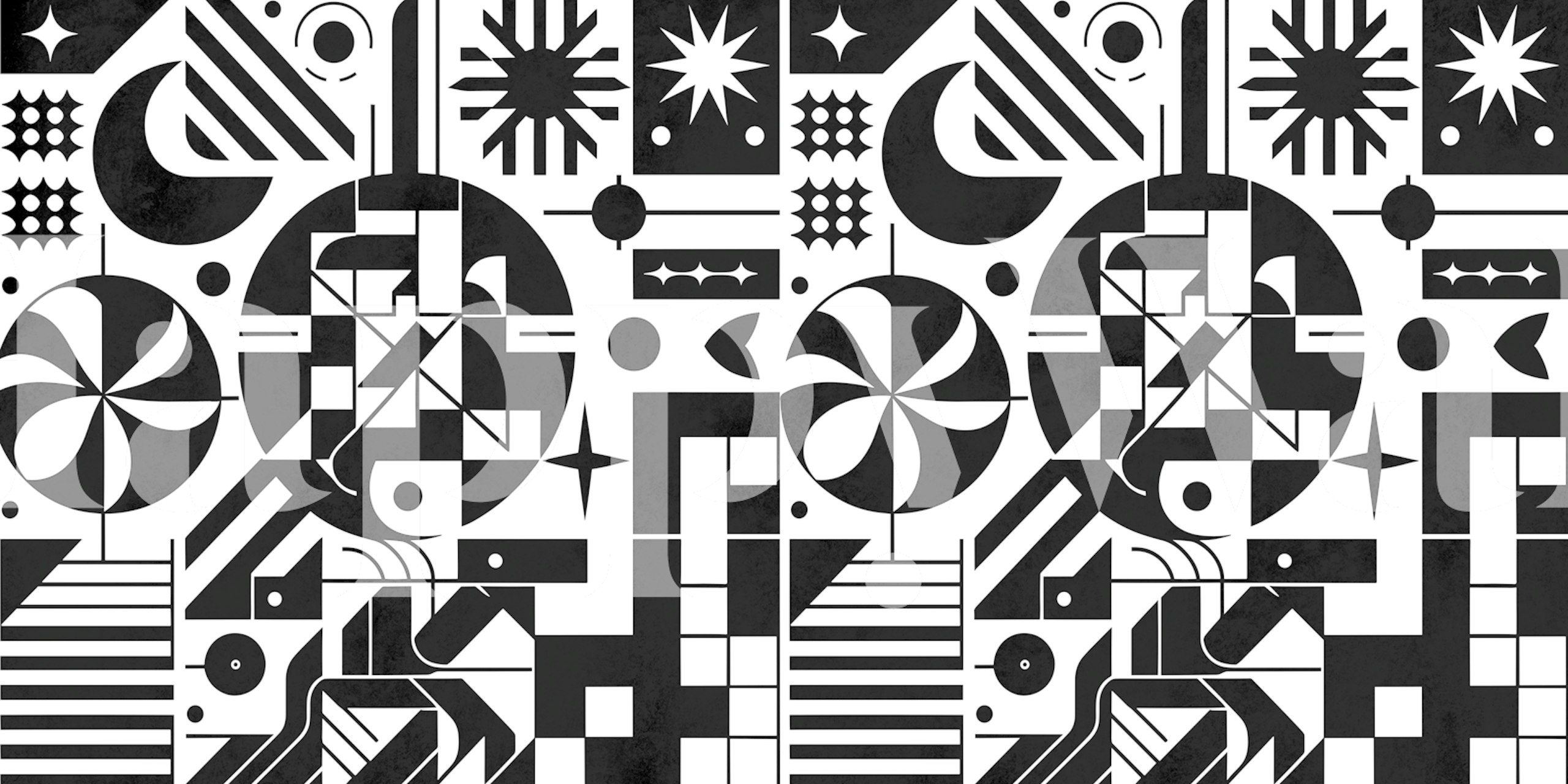 Black and white geometric pattern with circles, lines, and abstract shapes wallpaper