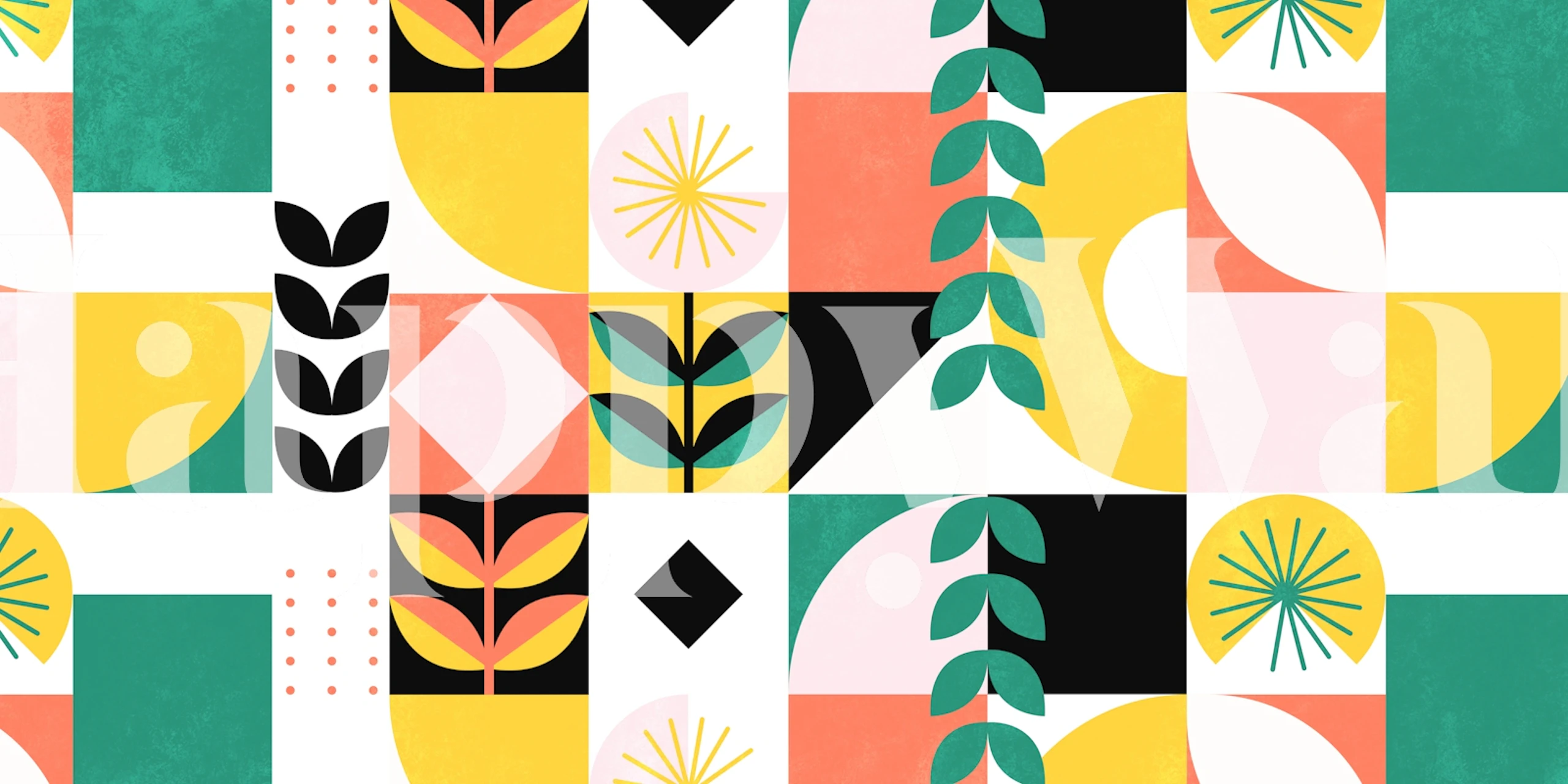 Geometric patterns in pink, green, yellow, and black wallpaper