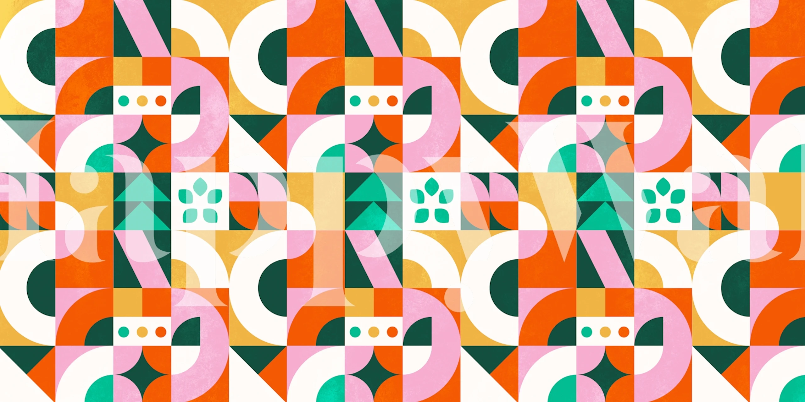 Colorful geometric patterns in pink, orange, green, and white wallpaper