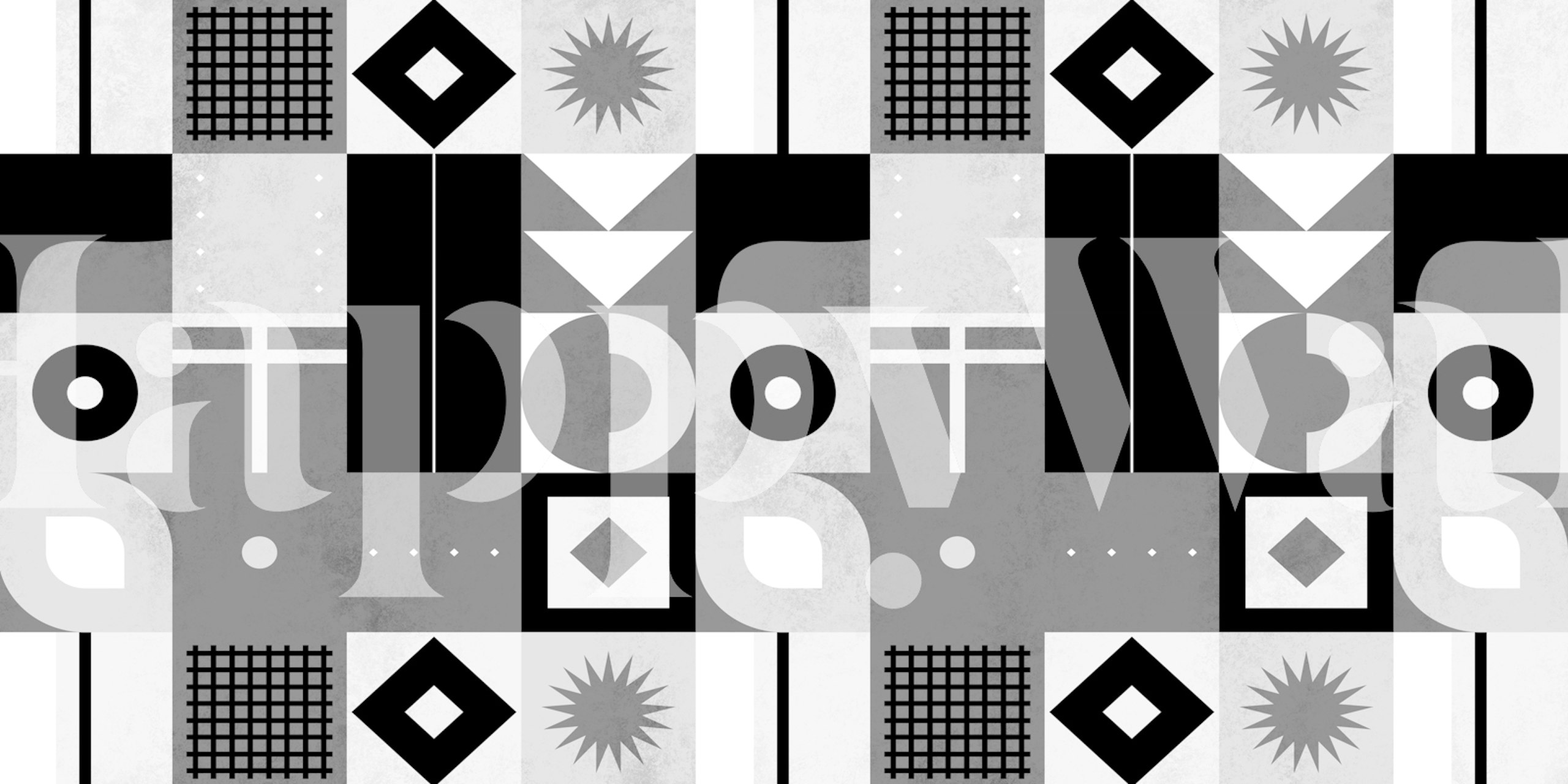 Black and white mid-century Bauhaus inspired wall mural with geometric shapes and patterns