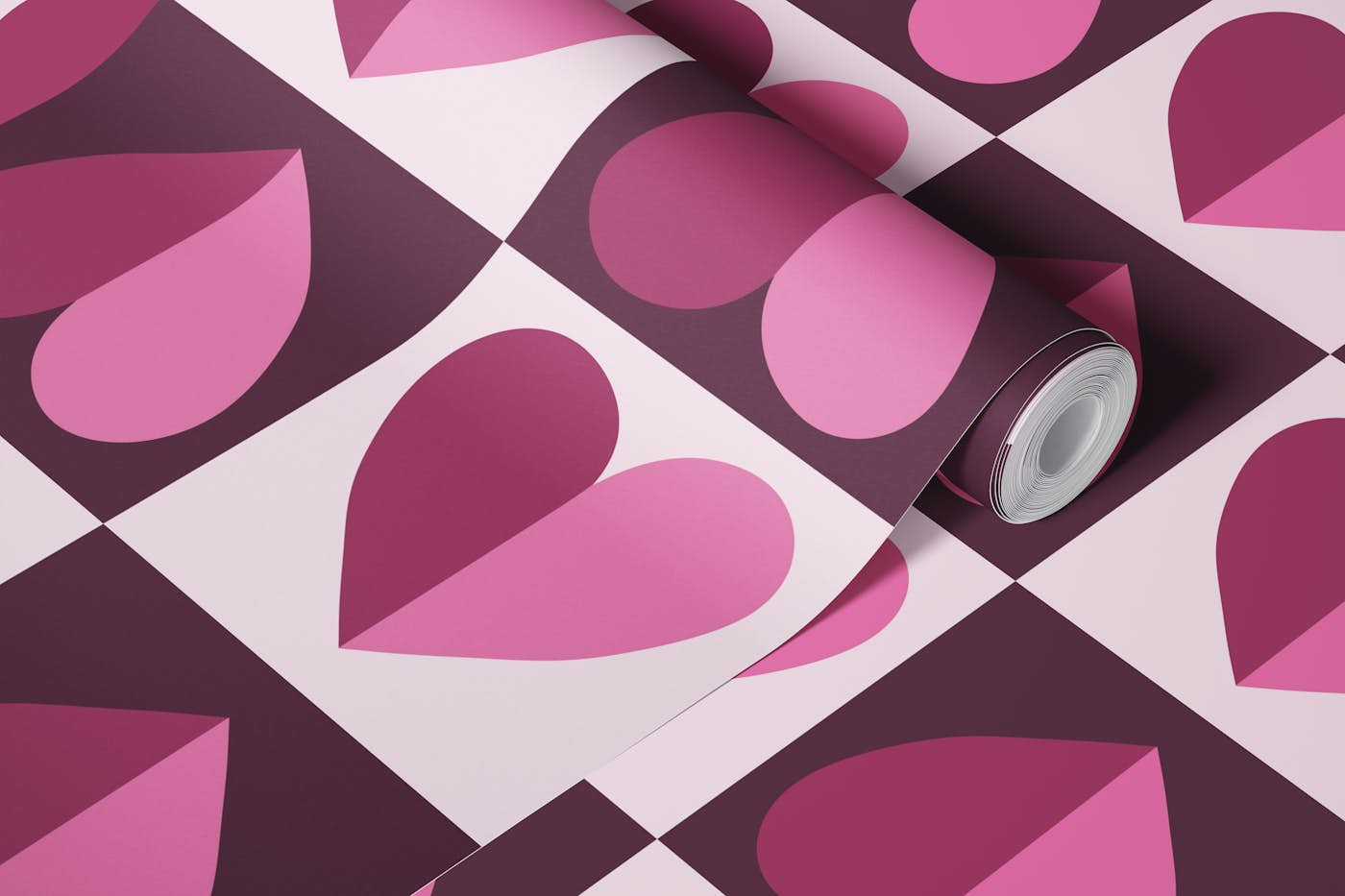 Plum Purple Checkerboard Hearts wallpaper roll