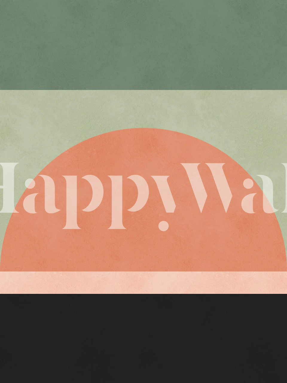 Minimalistische zeitgenössische Wandmalerei mit einem Halbkreis in warmen Pfirsichtönen auf einem türkisgrünen und schwarz gestreiften Hintergrund