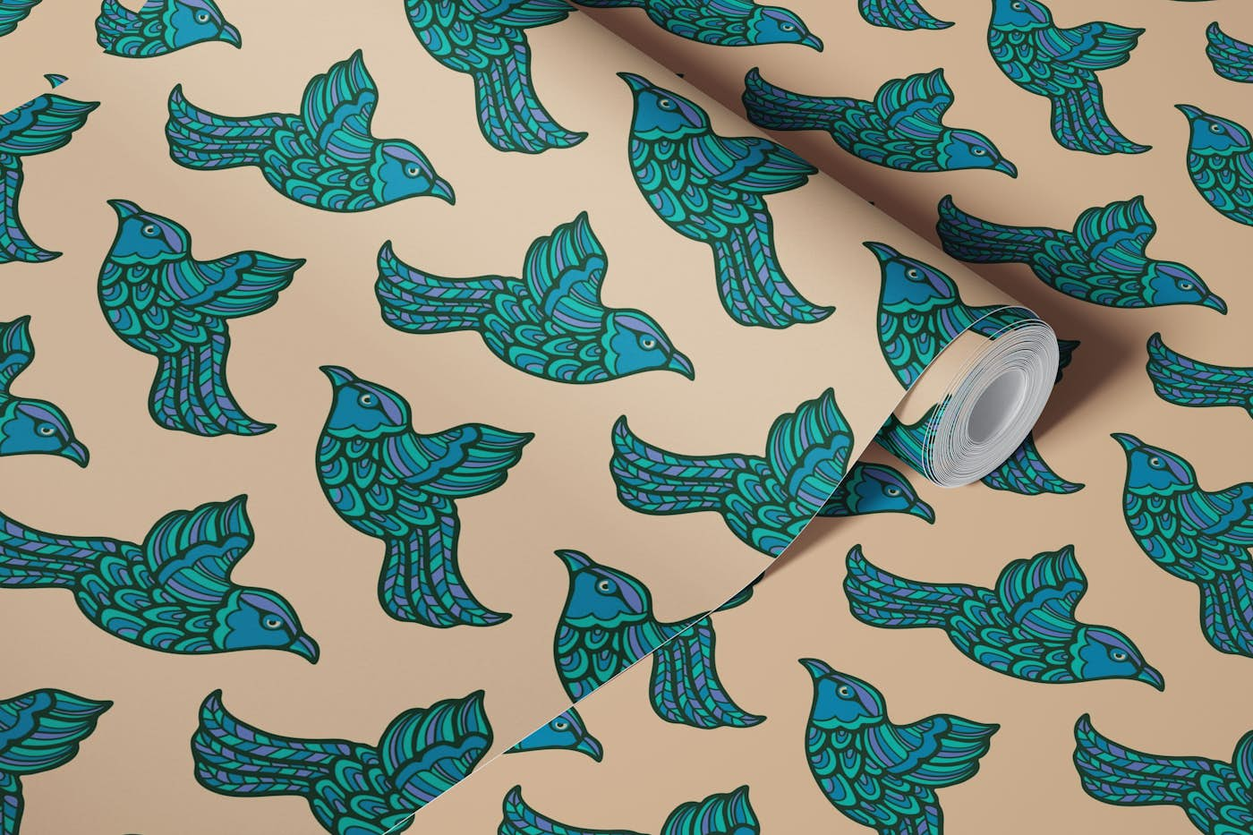 BIRDSONG Flying Retro Birds Blue Turquoise wallpaper roll