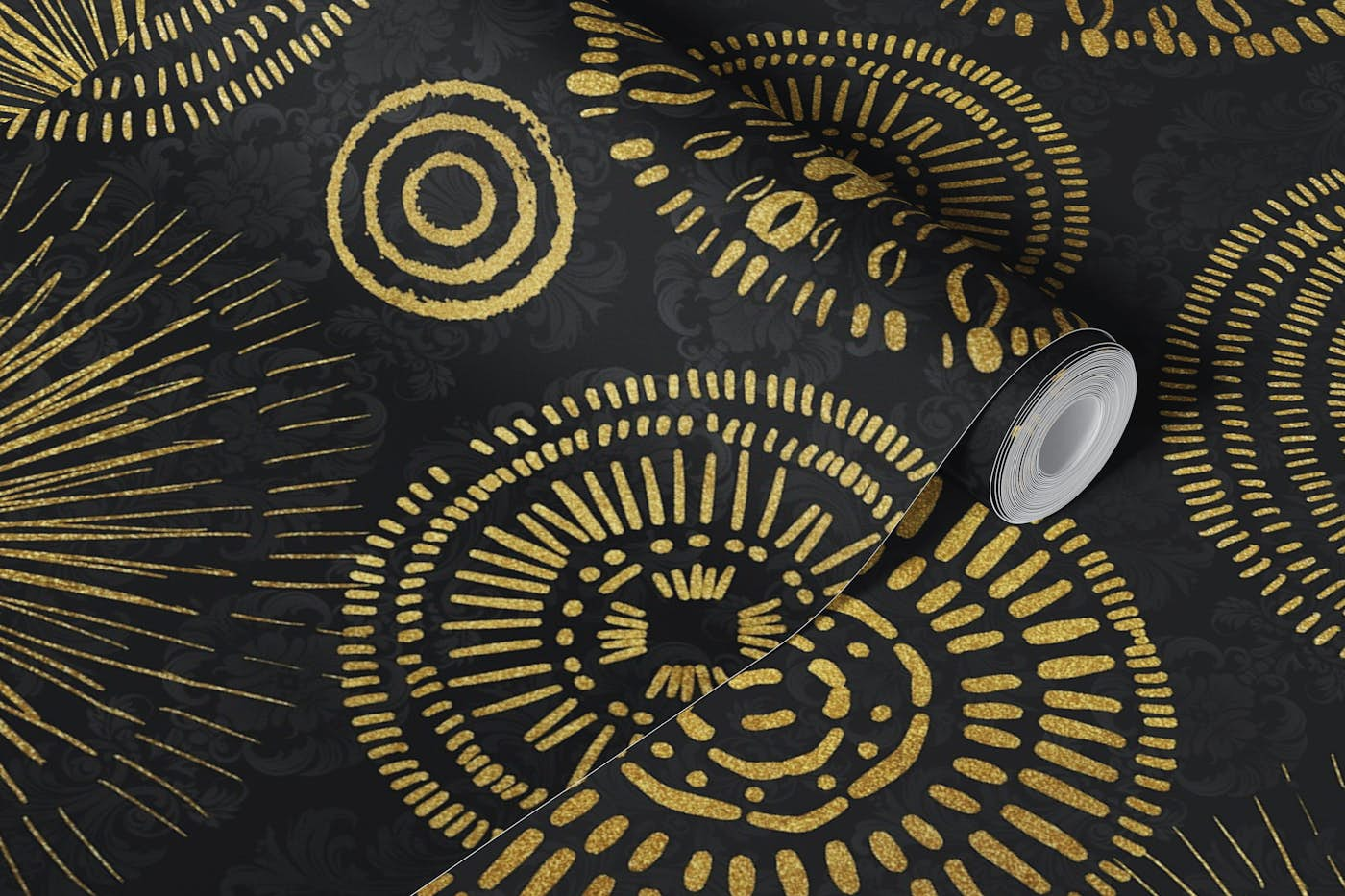 Graceful Boho Circles Gold Black wallpaper roll