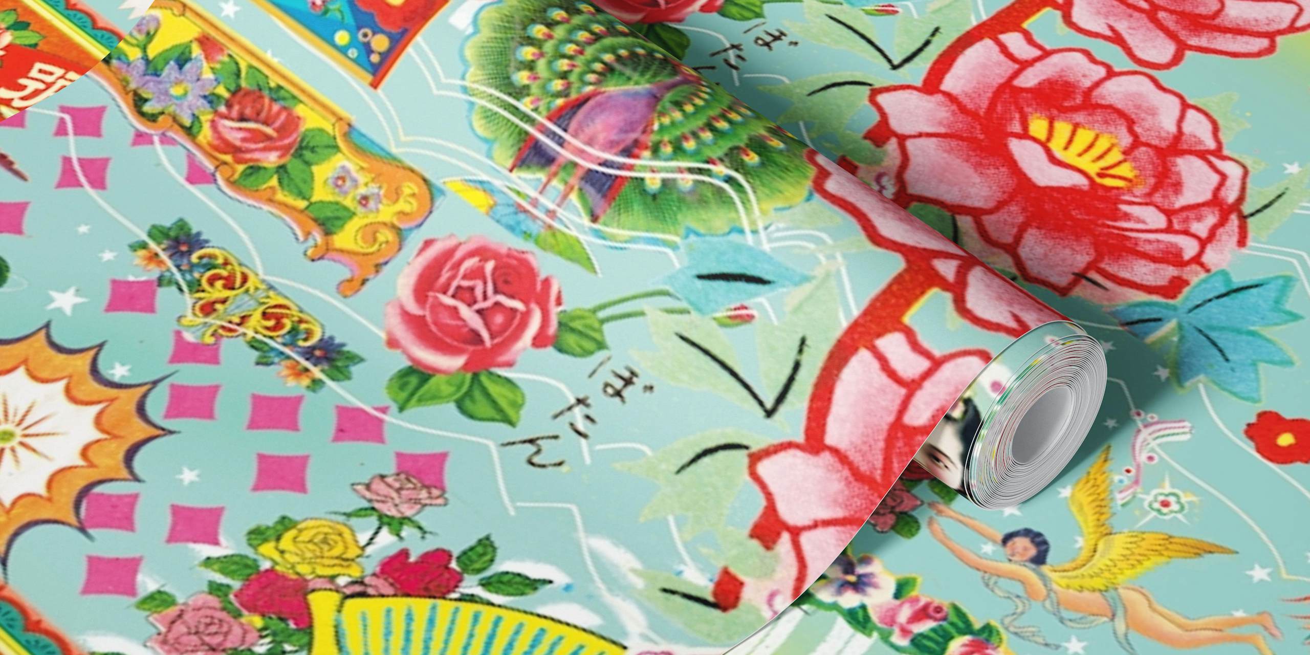 Vintage Asian floral wallpaper featuring colorful flowers and patterns