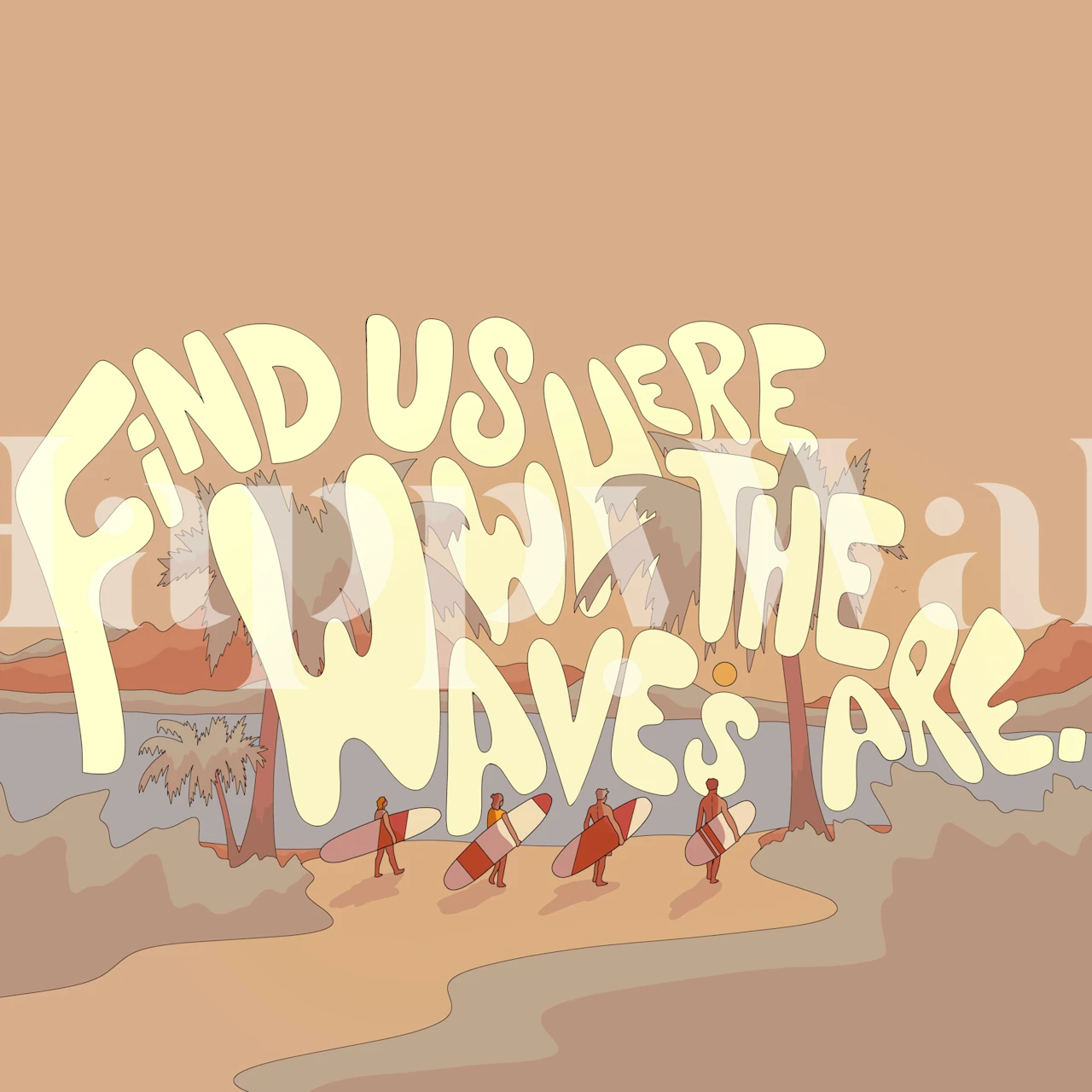 Beach scene with surfers and palm trees in pastel colors wallpaper