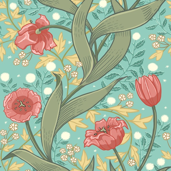 Red trailing tulips on morning sky