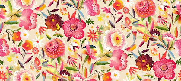 lush flower garden with birds