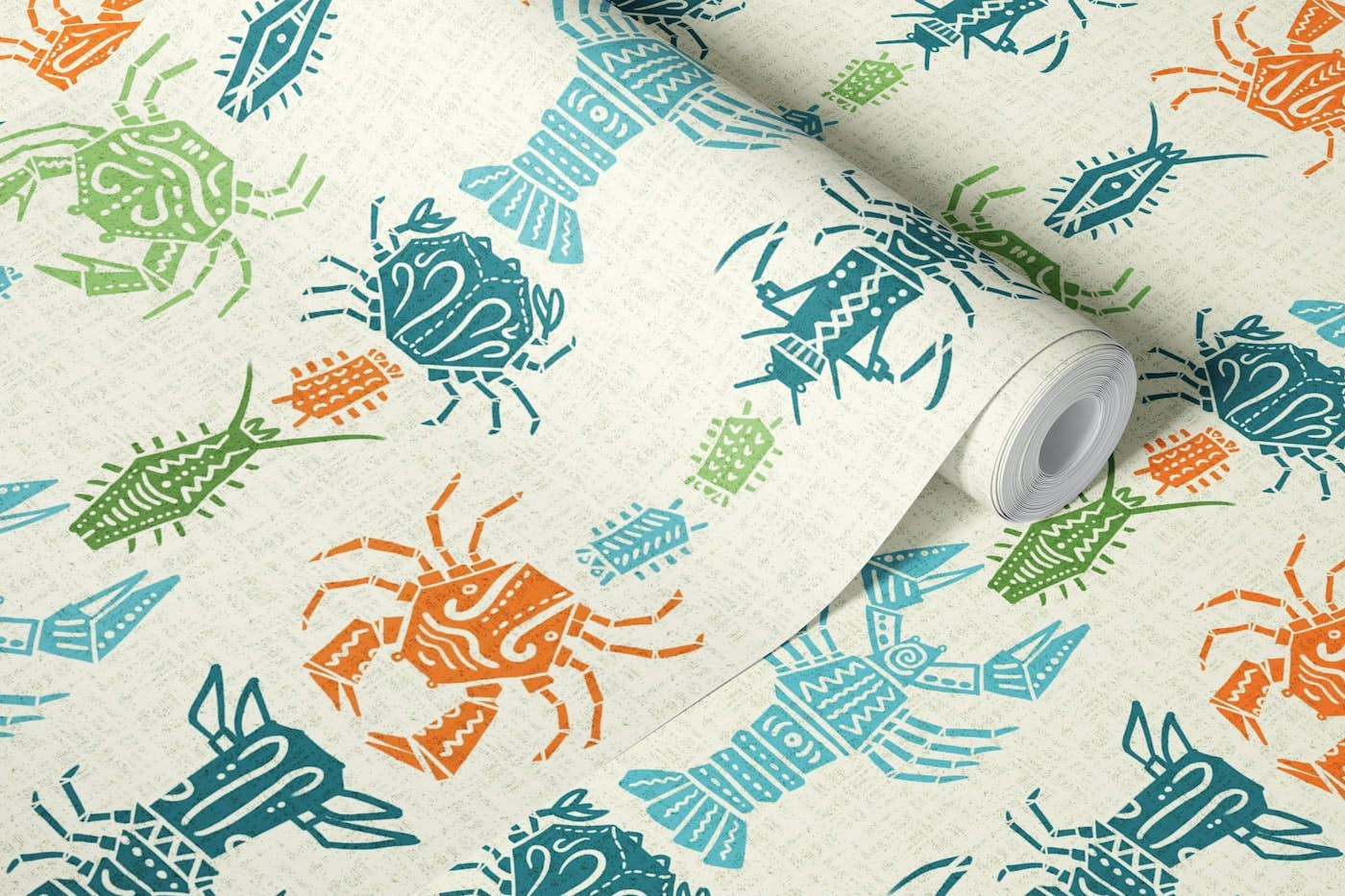 Decorative linocut Crustacean wallpaper roll