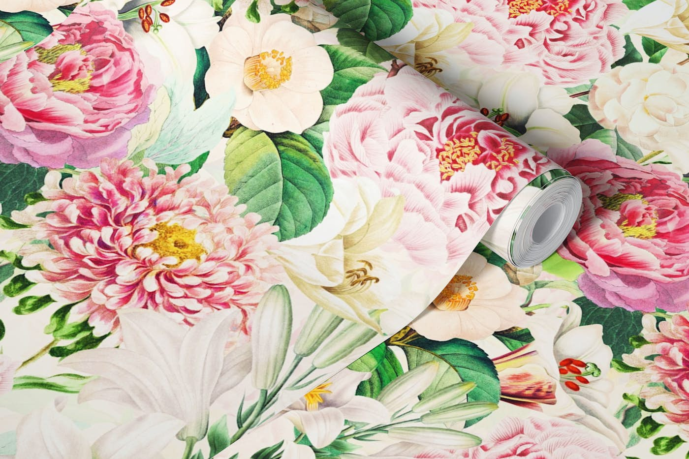 Vintage Pink Peonies and Wildlfowers Garden wallpaper roll