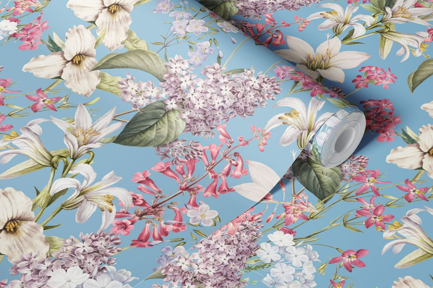 Vintage Purple Lilacs And White Lilies Garden wallpaper roll