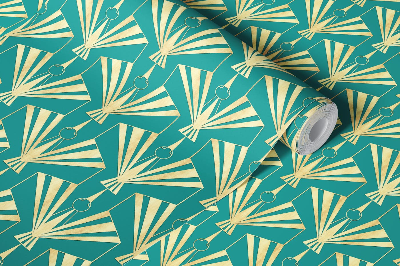 Art Deco Birds Fans Mint Blue Green Gold wallpaper roll