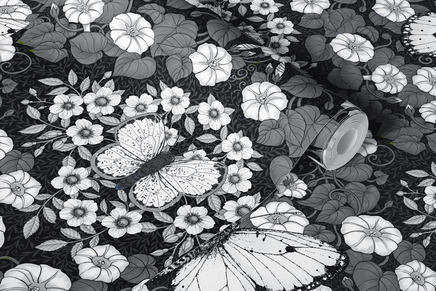 Butterflies and flowers symmetry monochrome wallpaper roll