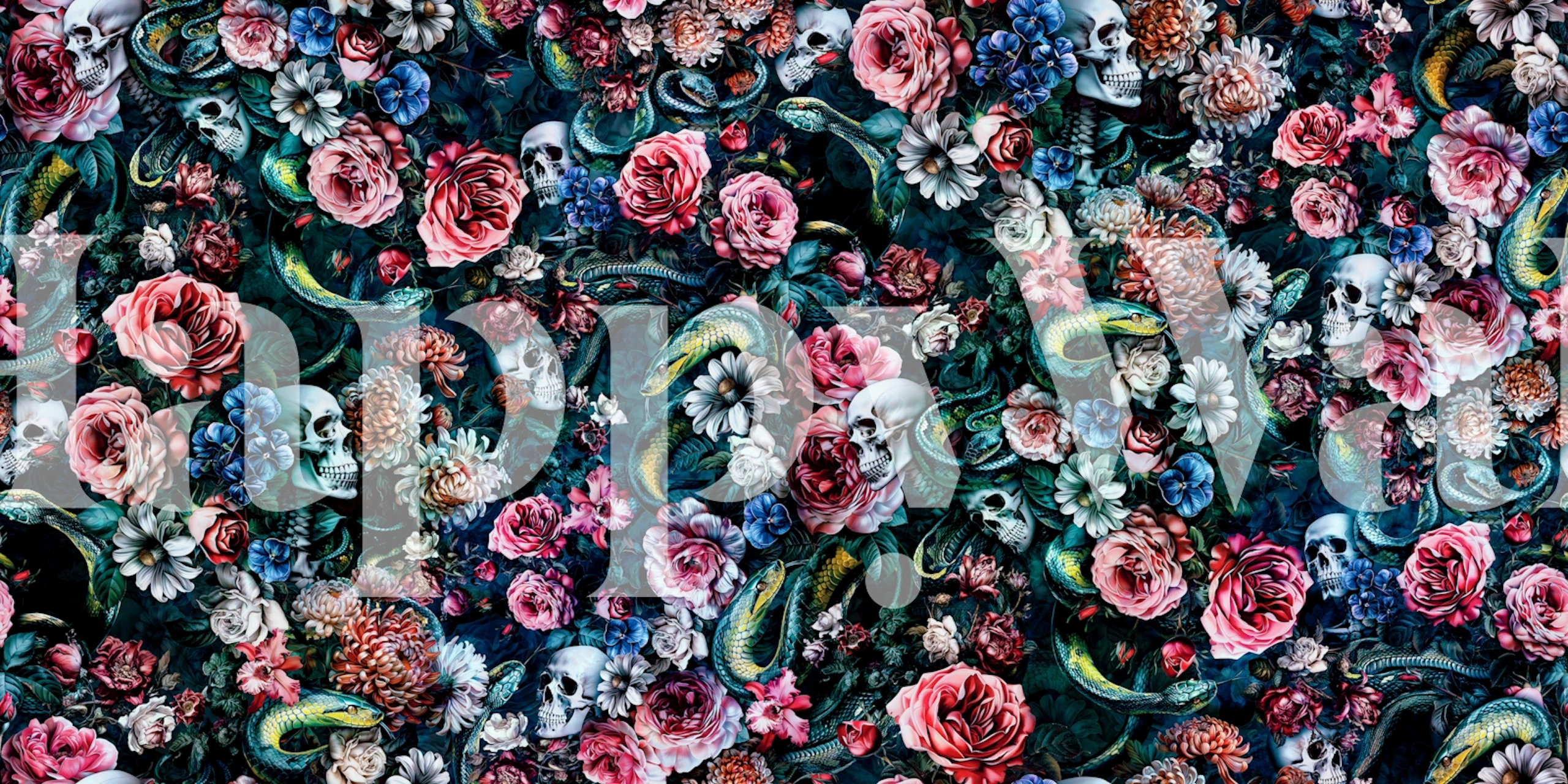 Floral skulls and snakes pattern on dark background wallpaper