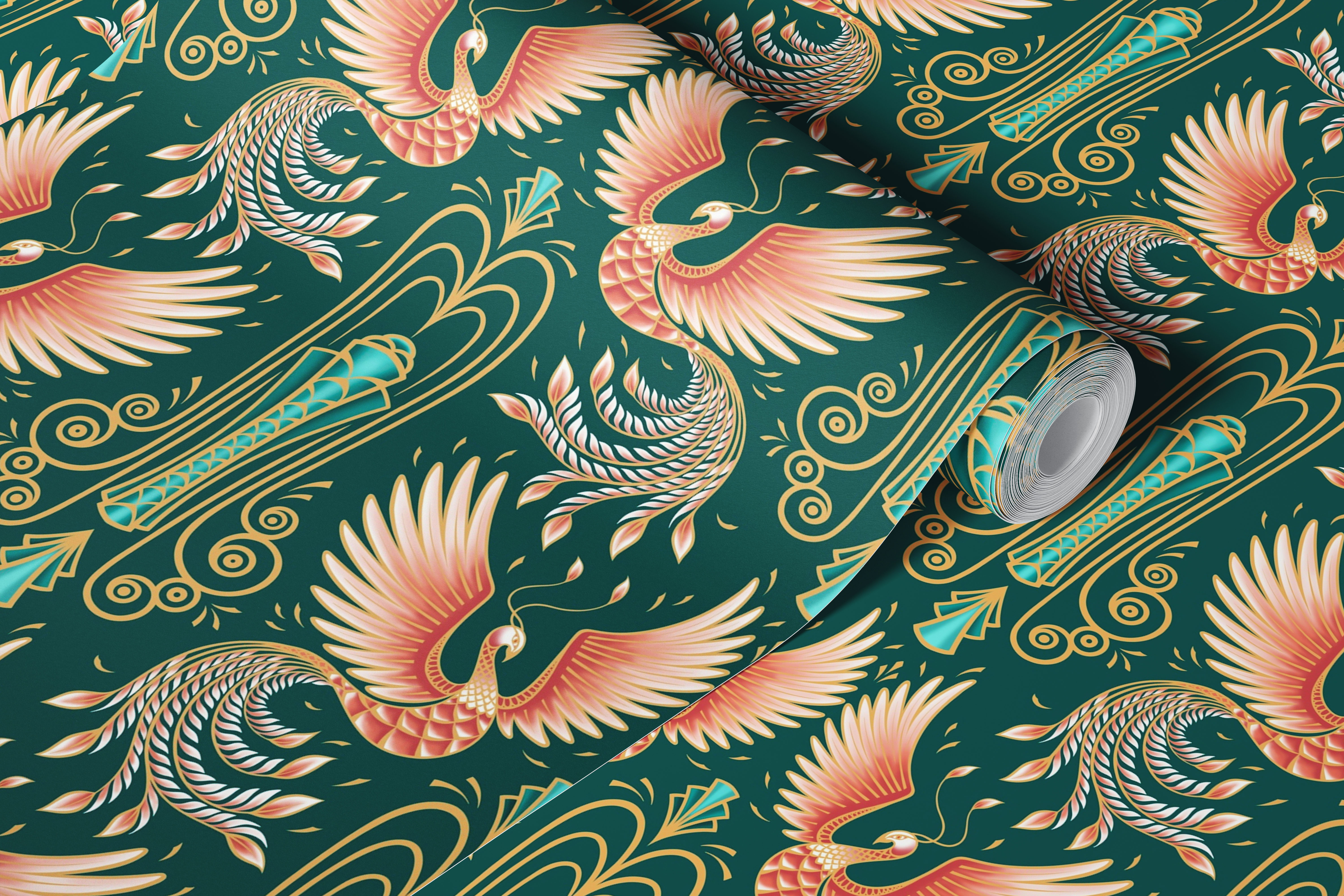 Phoenix birds in shades of pink and teal on dark green wallpaper
