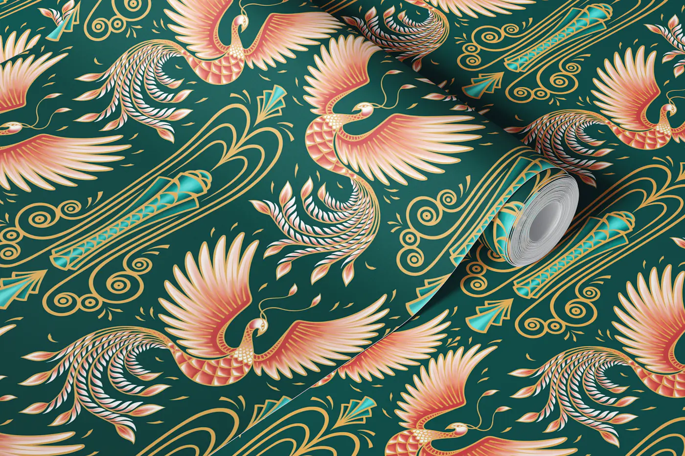 Art Deco Rising Phoenix - Retro Luxury Birds wallpaper roll