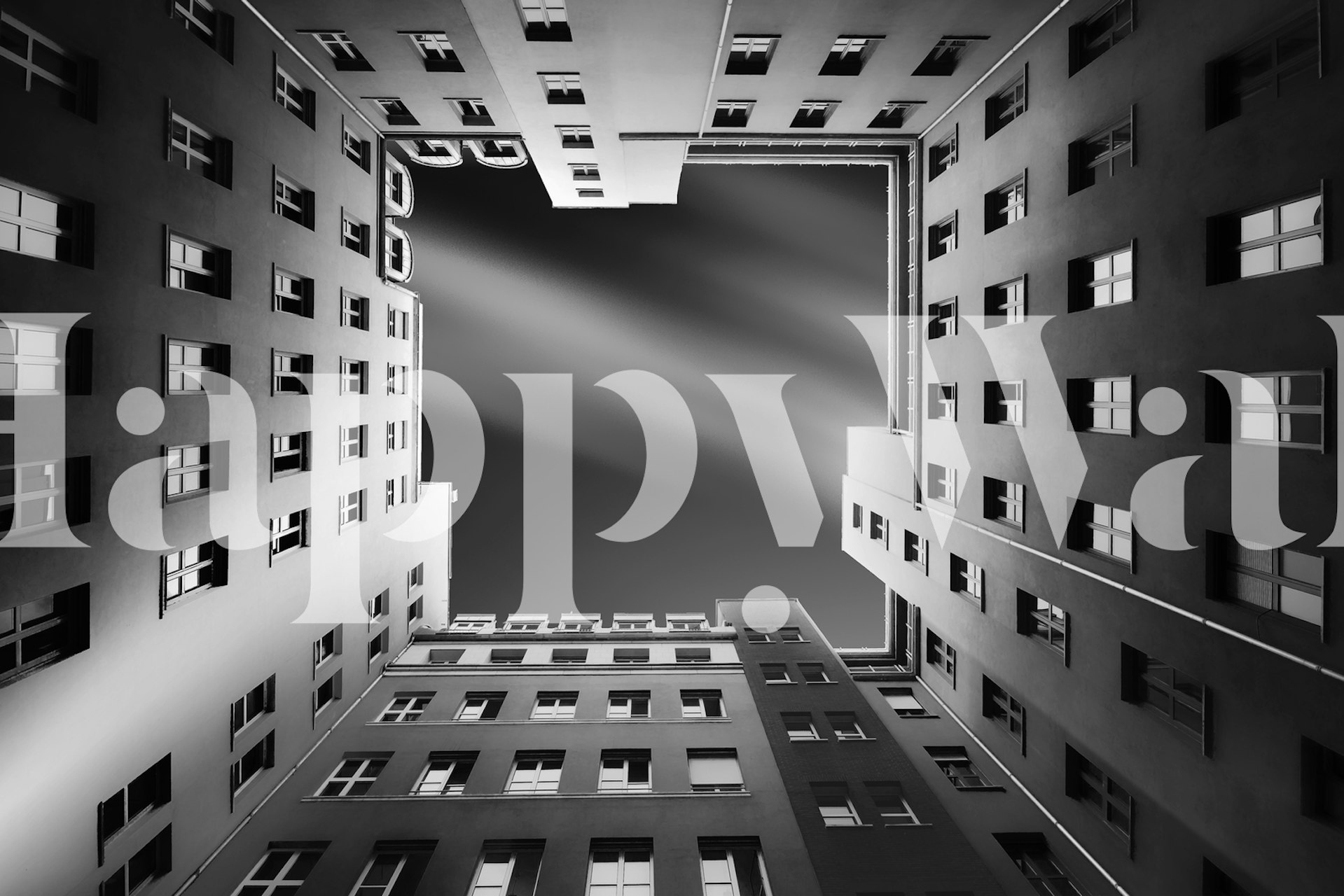 Μαύρο-άσπρη τοιχογραφία που απεικονίζει την άποψη μιας εσωτερικής αυλής στο Berlin Backyards από κάτω προς τα πάνω.