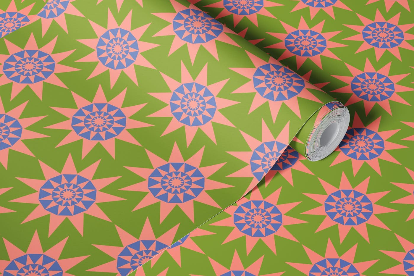 SUNSHINE Retro Geometric Sun Star - Green wallpaper roll