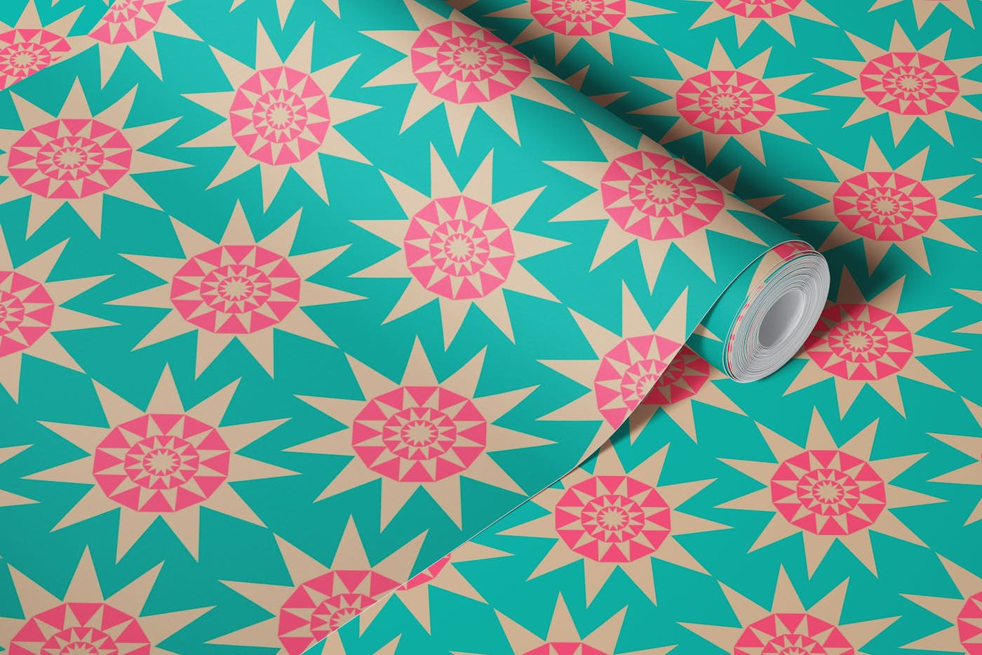 SUNSHINE Retro Geometric Sun Star - Turquoise wallpaper roll