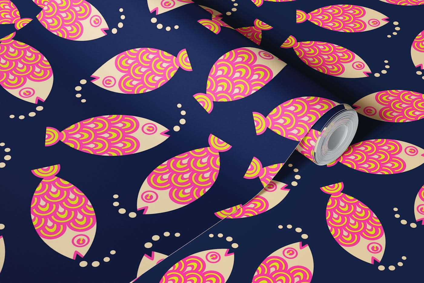 SWIMMING FISH Retro Tossed - Pink Dark Blue wallpaper roll