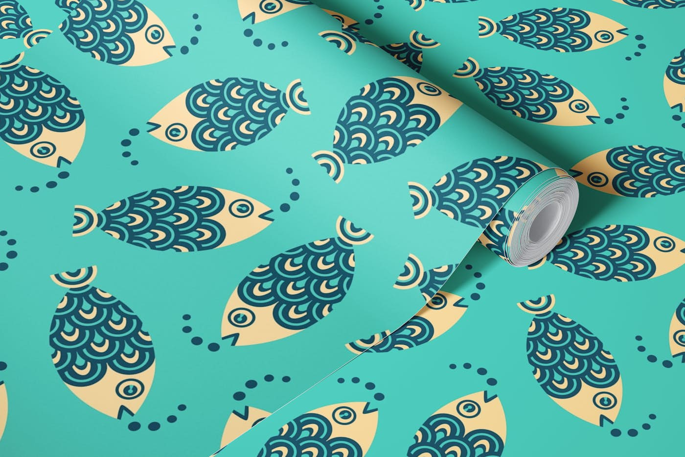 SWIMMING FISH Retro Tossed - Turquoise wallpaper roll