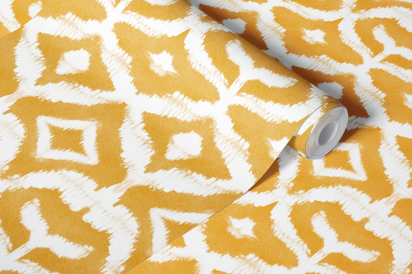 Monochrome Ikat Mirage In Marigold Yellow wallpaper roll