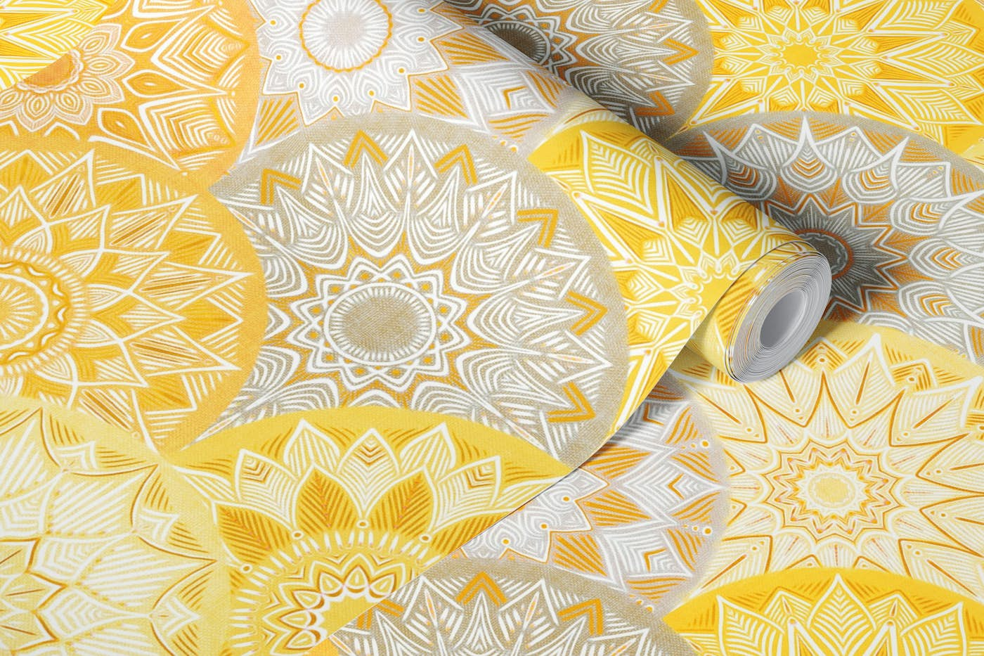 Winter Sunshine Mandalas in Gold and Grey wallpaper roll