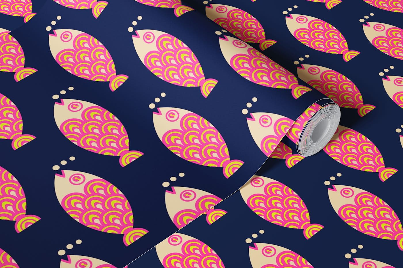 SWIMMING FISH Retro Horizontal Pink Dark Blue wallpaper roll