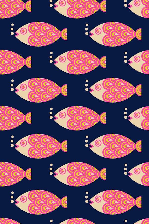 SWIMMING FISH Retro Horizontal Pink Dark Blue