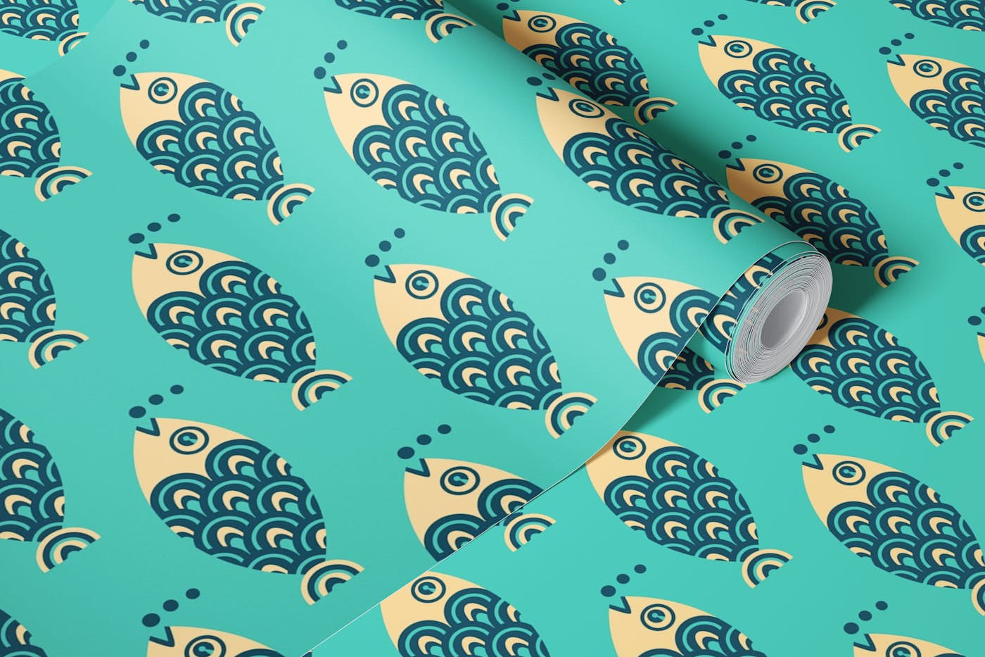 SWIMMING FISH Retro Horizontal - Turquoise wallpaper roll