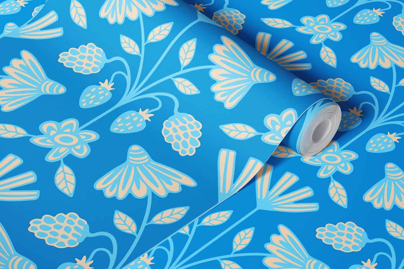 BERRY-LUSCIOUS Floral Berries Damask Blue wallpaper roll