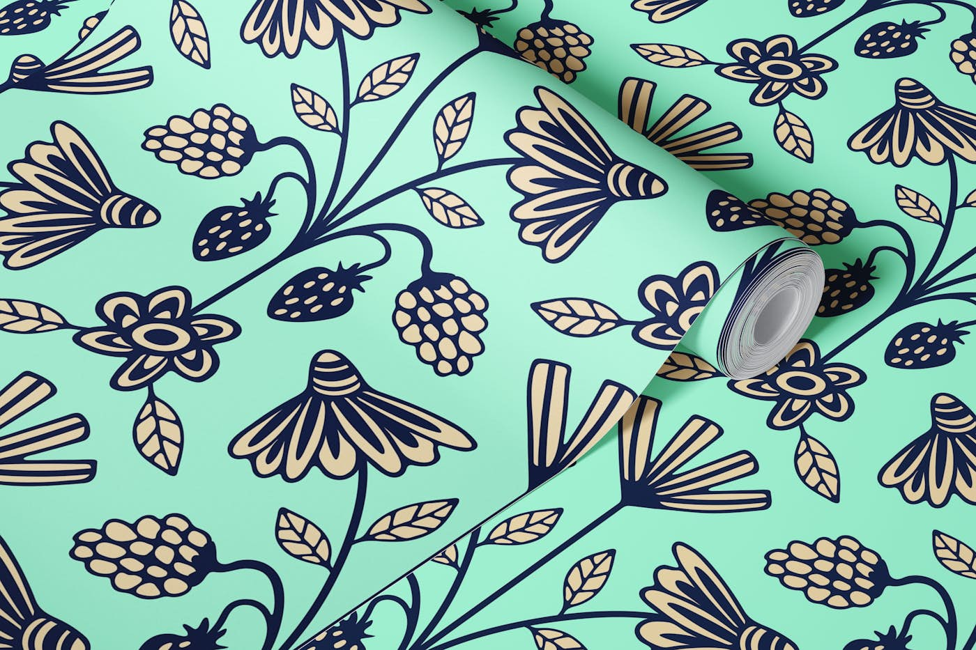 BERRY-LUSCIOUS Floral Berries Damask Mint wallpaper roll