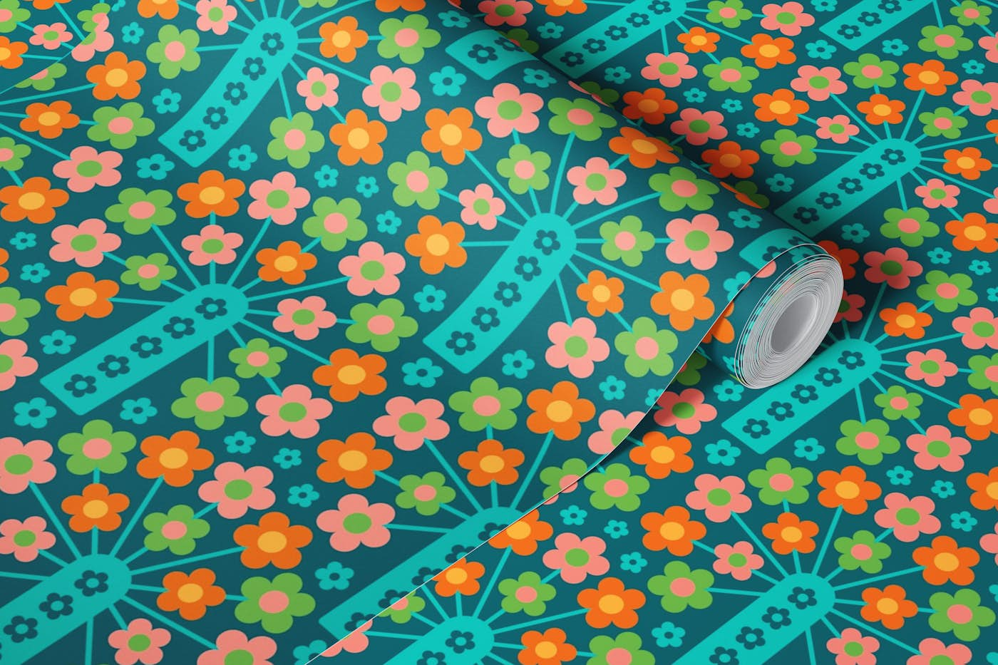 COW PARSLEY Retro Scandi Floral Aqua Teal wallpaper roll